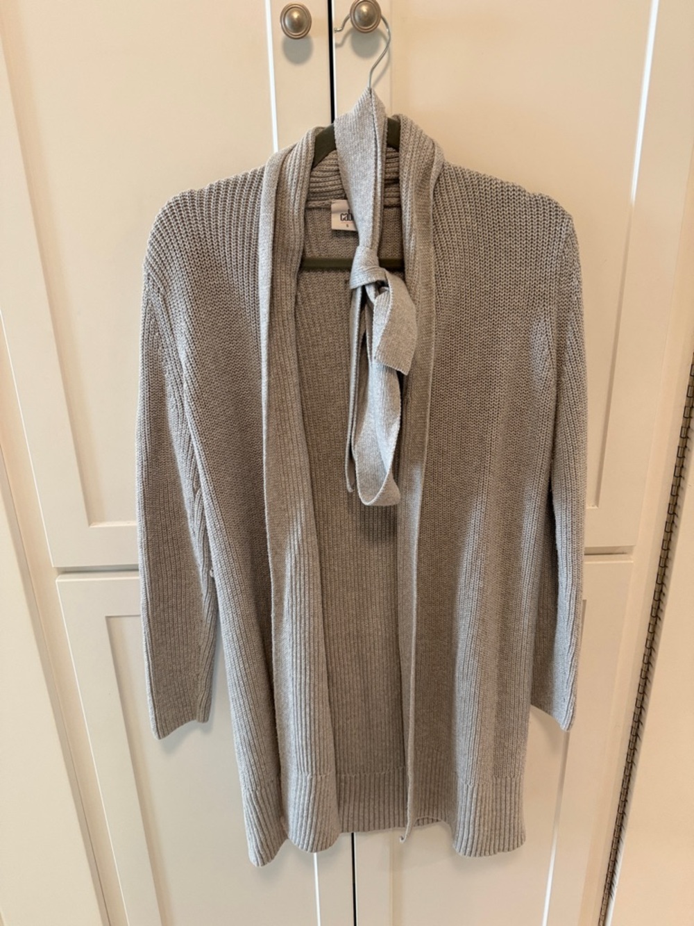 CAbi Light Gray Tie-Neck Open Front Cardigan